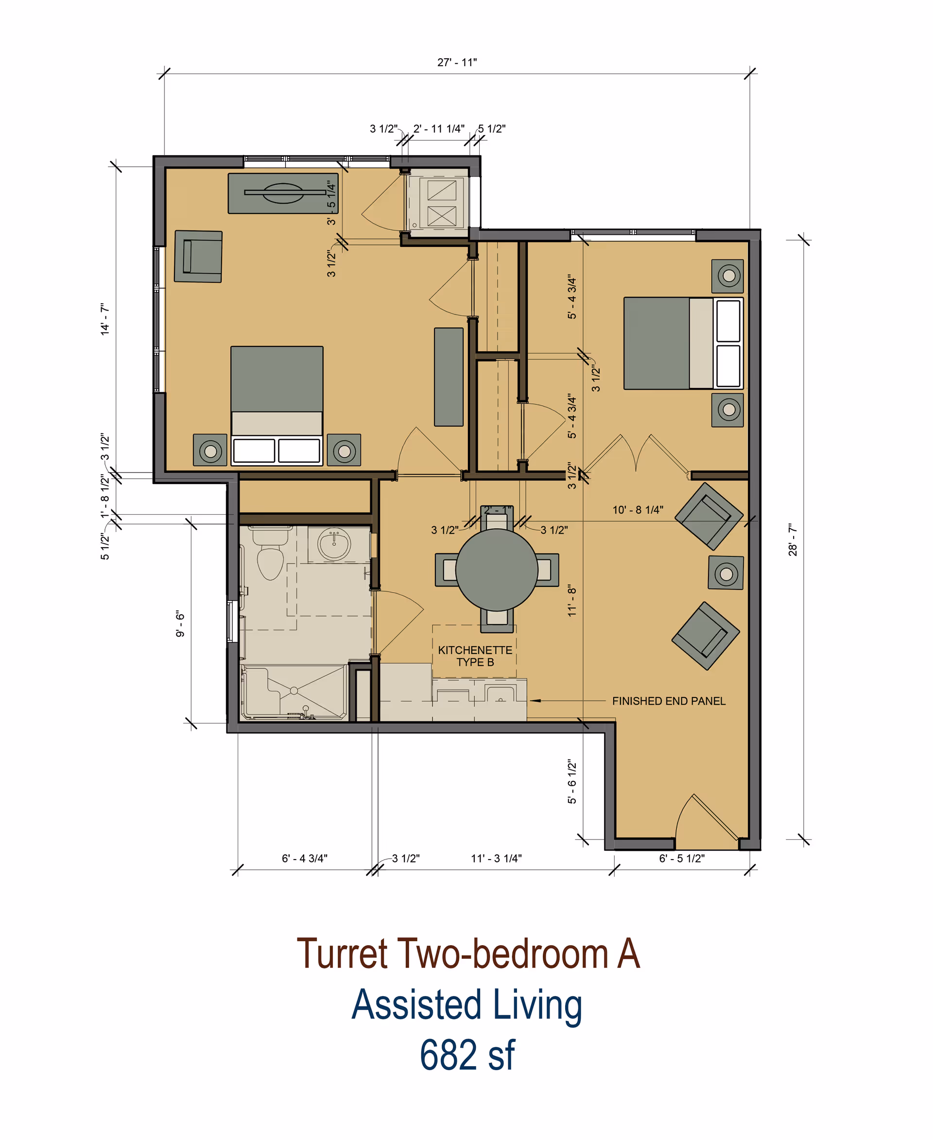 Architectural floor plan of a Turret Two-bedroom A assisted living unit measuring 682 square feet. The layout includes two bedrooms, a kitchenette labeled Type B, a bathroom, and a living area with furniture placements indicated. Dimensions of rooms and walls are marked throughout the plan.