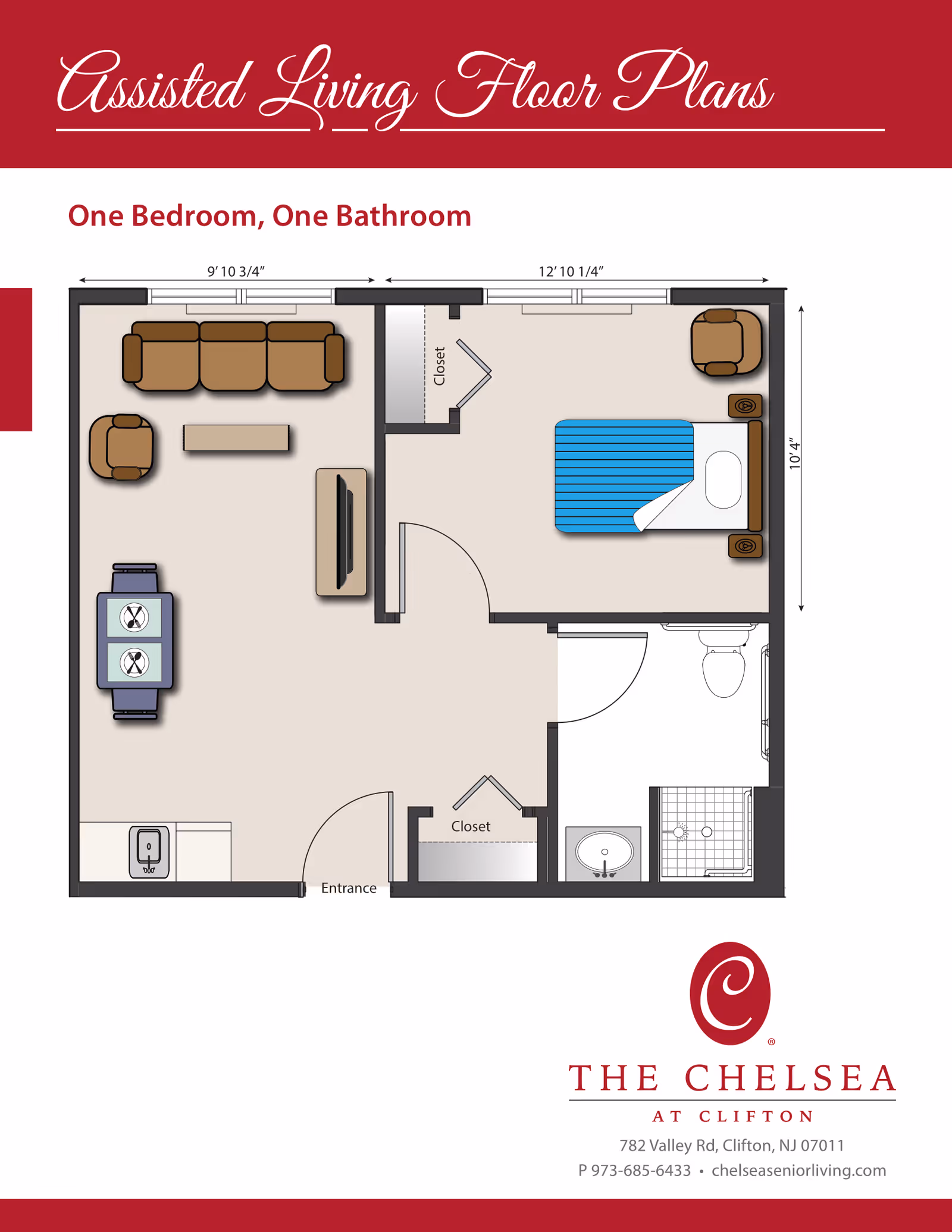 Illustrated one-bedroom, one-bathroom assisted living floor plan showing a living area, kitchenette, bedroom, bathroom, and closets.
