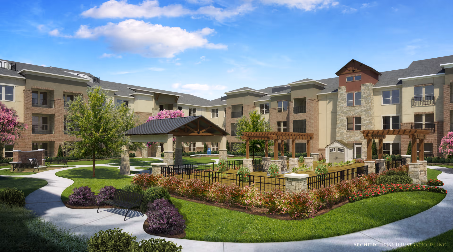 Exterior courtyard at Artistry at Craig Ranch with paths, benches, pergolas, and landscaped gardens.