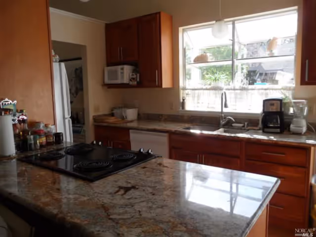Bright kitchen with granite countertops, an island electric cooktop, wooden cabinets, sink under a window and small appliances on the counter.