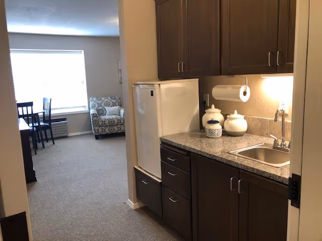 View of a small kitchenette area with dark wood cabinets, a granite countertop, a sink, and a mini refrigerator. In the background, there is a carpeted living space with a patterned armchair near a large window and a dining table with chairs.