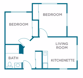 Floor plan layout showing two bedrooms, a bathroom, a living room, and a kitchenette area.