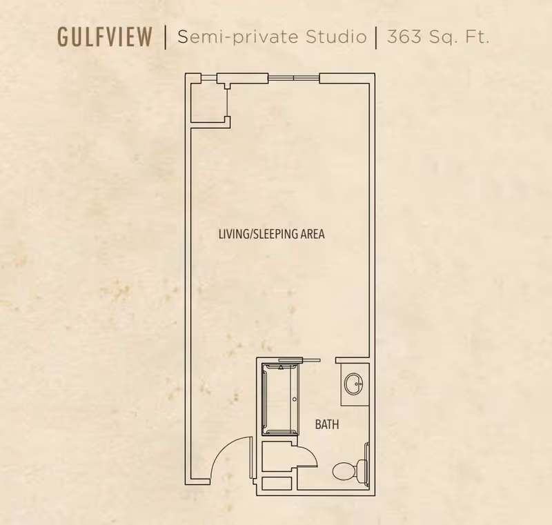 Floor plan of a semi-private studio apartment named Gulfview with 363 square feet, showing a living/sleeping area and a bathroom with a bathtub, sink, and toilet.