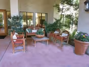 Outdoor covered patio area with wooden seating furniture including a bench, two chairs, and a coffee table. The area is decorated with potted plants and greenery, with large windows and a door leading inside the building.