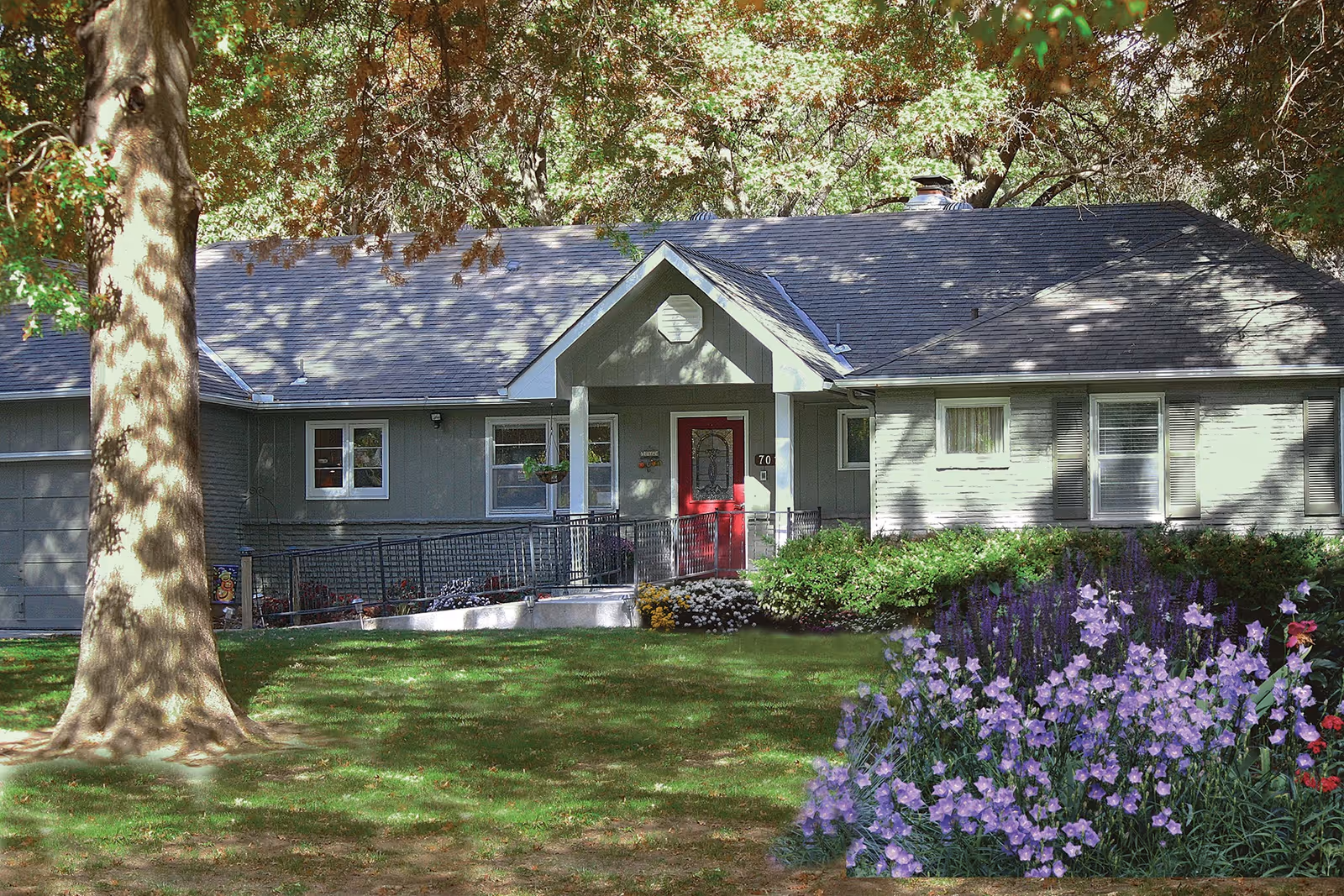 Exterior view of a single-story residential building with a gray roof and walls, a red front door, and several windows. The building is surrounded by green grass, a large tree on the left, and a garden with purple flowers on the right. Sunlight filters through the trees, casting shadows on the house and lawn.