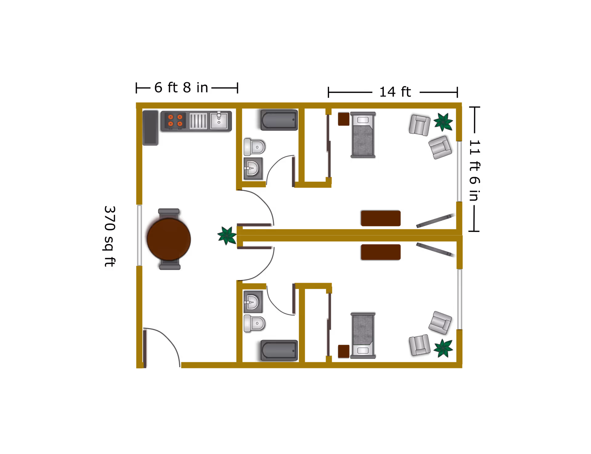 Top-down floor plan of two mirrored residential units showing beds, bathrooms, a kitchen, dining table, and a central hallway.