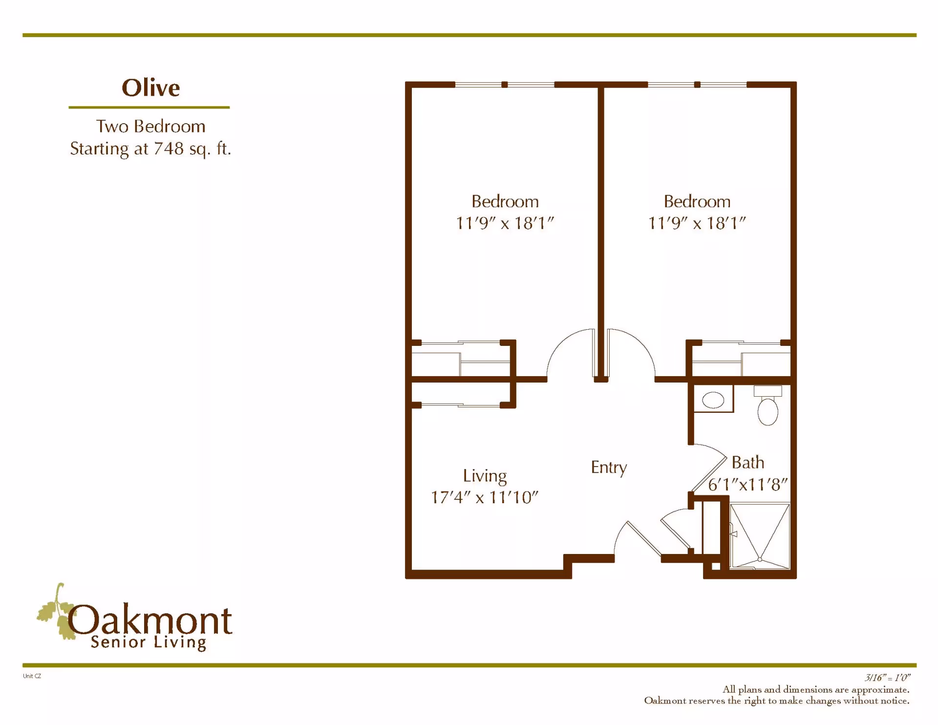Floor plan of a two-bedroom apartment named Olive at Oakmont Senior Living, showing two bedrooms each measuring 11'9" x 18'1", a living room measuring 17'4" x 11'10", an entry area, and a bathroom measuring 6'1" x 11'8".