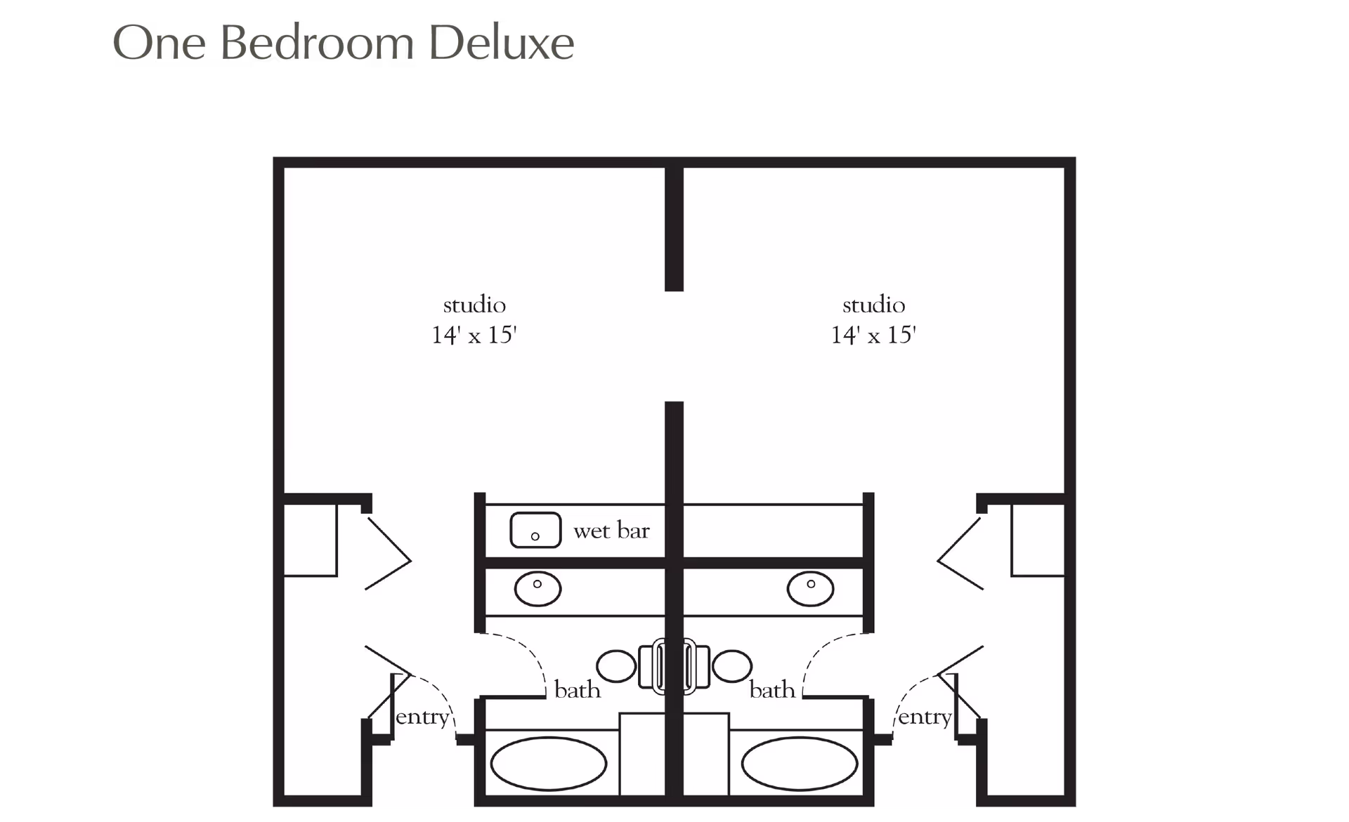 Black-and-white floor plan titled 'One Bedroom Deluxe' showing two mirrored 14' x 15' studio units with a central wet bar and bathrooms.