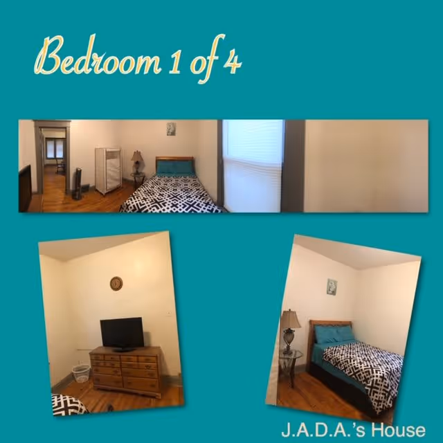 Photo collage of a small bedroom showing a single bed with patterned bedding, bedside table and lamp, dresser with TV, and hardwood floor labeled "Bedroom 1 of 4".
