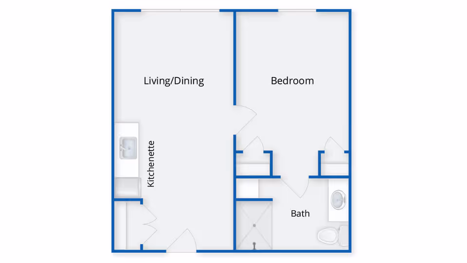 Floor plan of a one-bedroom apartment at Benchmark at Orchard Valley showing a living/dining area with a kitchenette, a bedroom, and a bathroom with a shower, toilet, and sink.