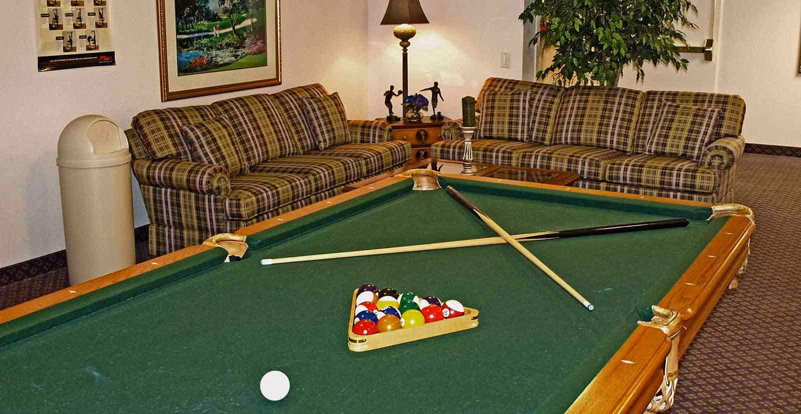 A recreational room with a green felt pool table in the foreground, two plaid-patterned sofas in the background, a small wooden table with a lamp and decorative figurines, a large potted plant, and framed artwork on the wall.