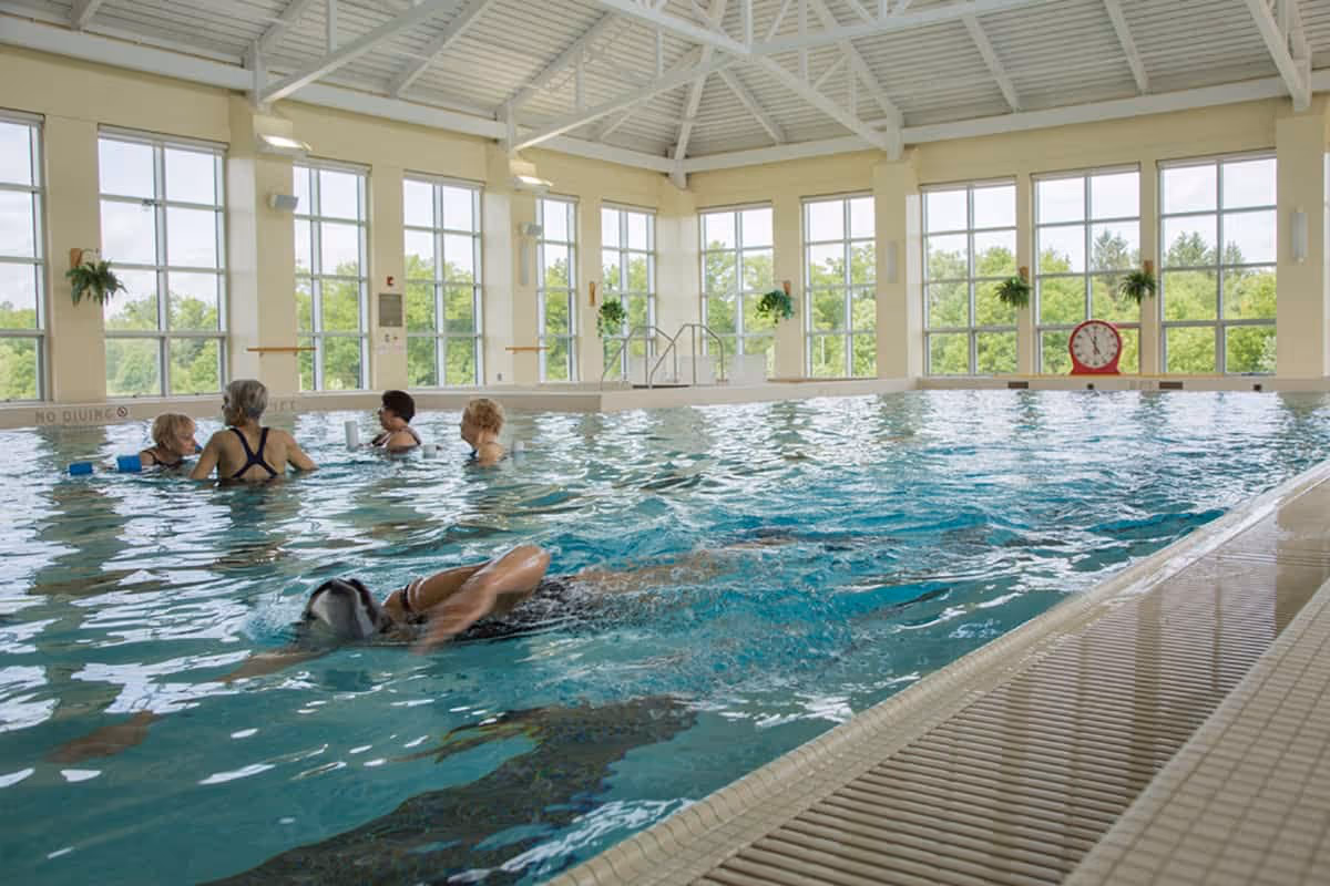Indoor swimming pool with large windows letting in natural light. Several elderly people are in the pool, some standing and chatting, while one person is swimming. The pool area has a high ceiling with white beams and potted plants hanging near the windows.