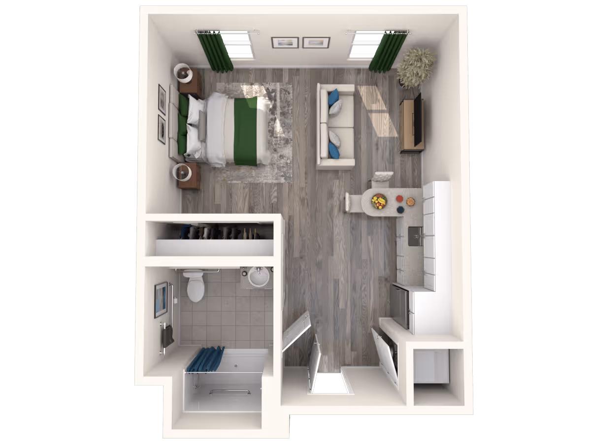 Top-down view of a studio apartment floor plan featuring a bedroom area with a bed and nightstands, a living area with a sofa and TV, a kitchen with a small dining counter and stools, and a bathroom with a shower, toilet, and sink.