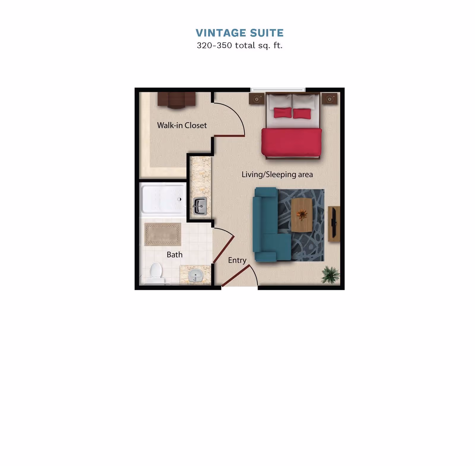 Floor plan of a Vintage Suite studio showing a living/sleeping area with sofa and bed, walk-in closet, bathroom, and entry.