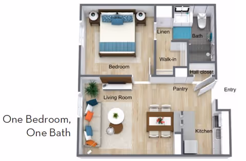 Floor plan of a one-bedroom, one-bath apartment showing a bedroom with a bed and nightstands, a living room with a sofa and coffee table, a kitchen with dining table and chairs, a pantry, a walk-in closet, a linen closet, a bathroom with a shower, toilet, and sink, and an entry area.