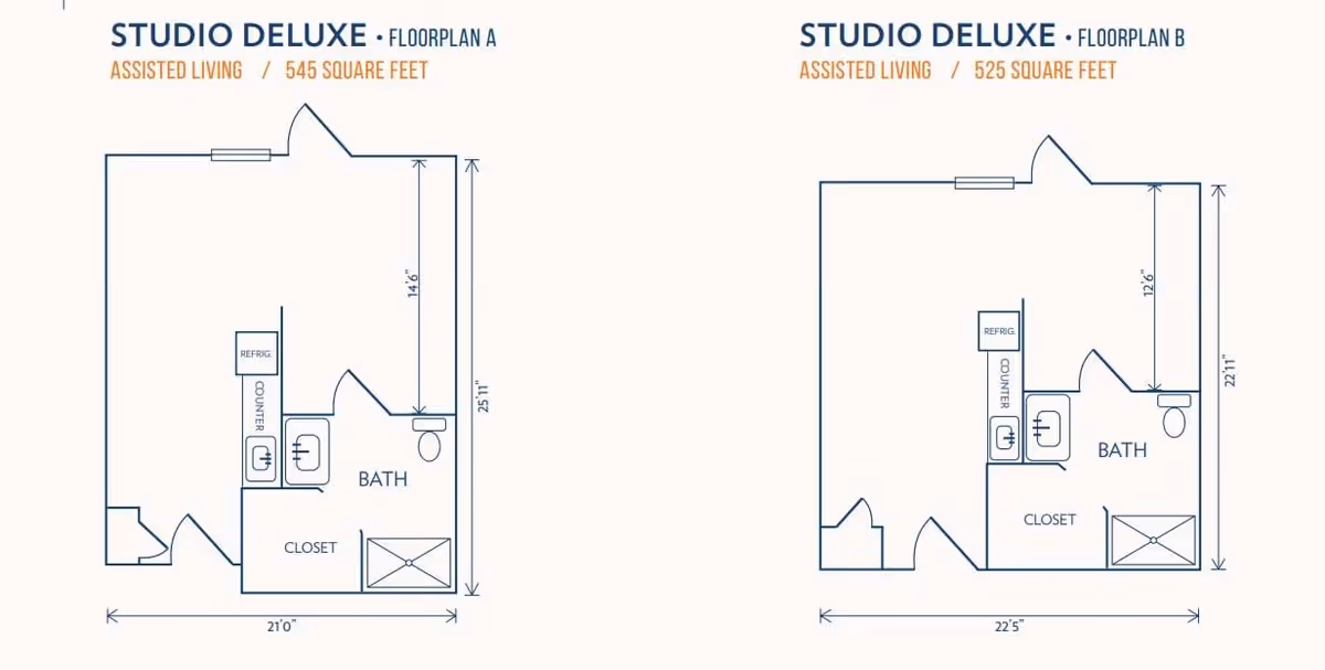 Two architectural floor plans labeled Studio Deluxe Floorplan A and Studio Deluxe Floorplan B for assisted living units. Floorplan A is 545 square feet and includes a bath, closet, counter, and refrigerator. Floorplan B is 525 square feet and includes a bath, closet, counter, and refrigerator. Both layouts show dimensions and room arrangements.