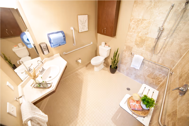 Accessible bathroom with a sink and mirror, toilet, grab bars, and a tiled walk-in shower with a fold-down seat and showerhead.