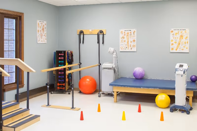 Physical therapy room with parallel bars, exercise balls, small colorful cones on the floor, anatomical charts on the wall, and medical equipment. There is a window with wooden trim on the left side.
