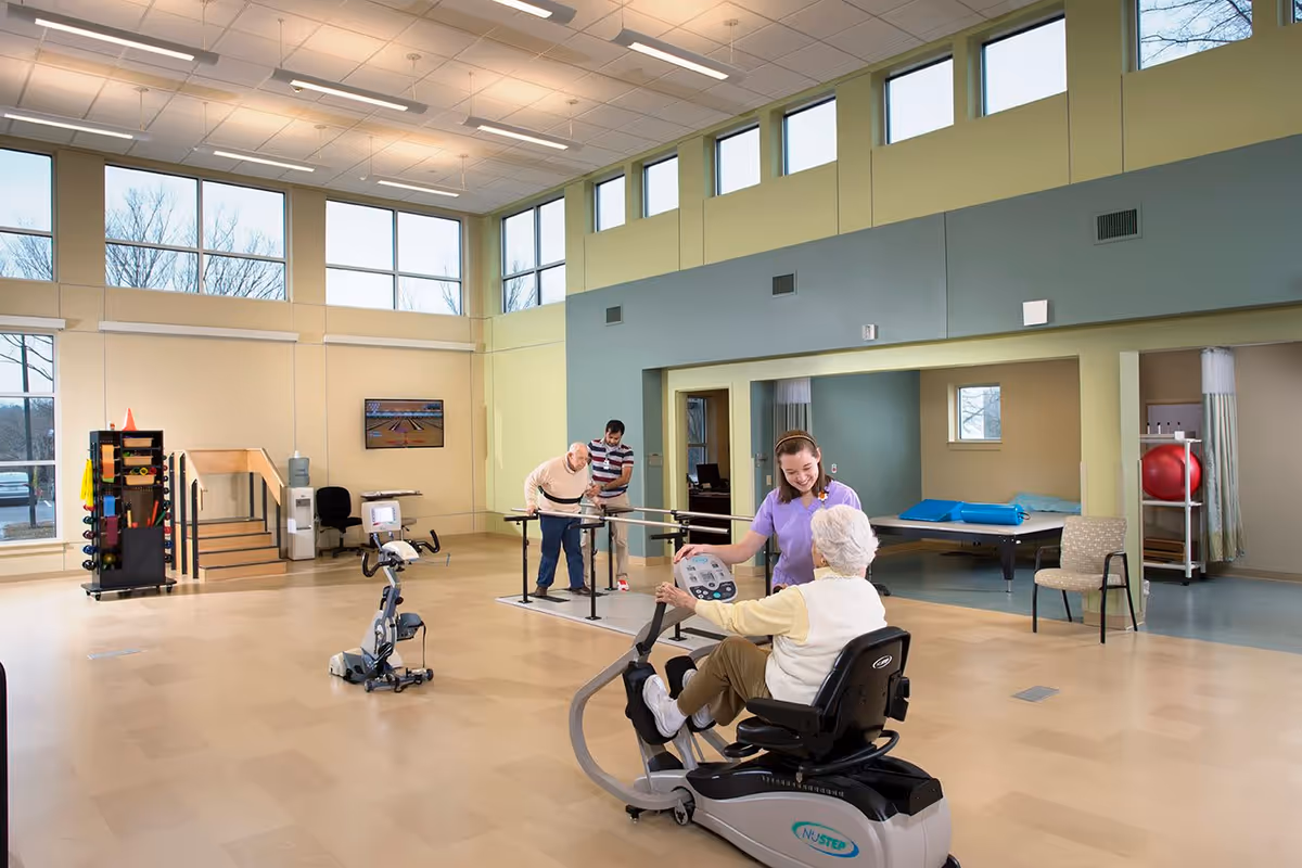 A spacious physical therapy room with large windows and high ceilings. An elderly woman is using a seated exercise machine assisted by a female therapist, while an elderly man is walking with support bars helped by a male therapist. The room contains exercise equipment, therapy tables, and chairs.