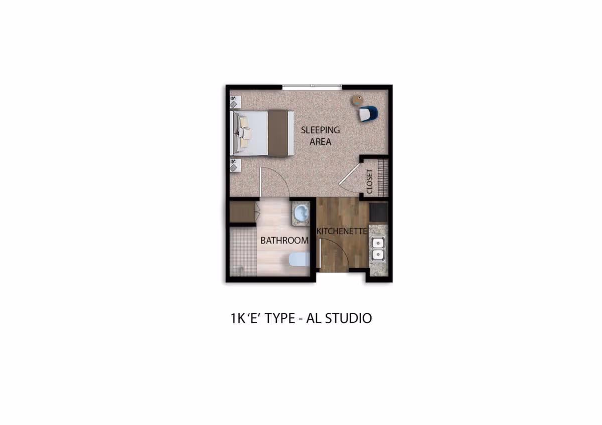 Floor plan of a 1K 'E' type assisted living studio apartment showing a sleeping area with a bed and chair, a closet, a bathroom, and a kitchenette with a sink and counter space.