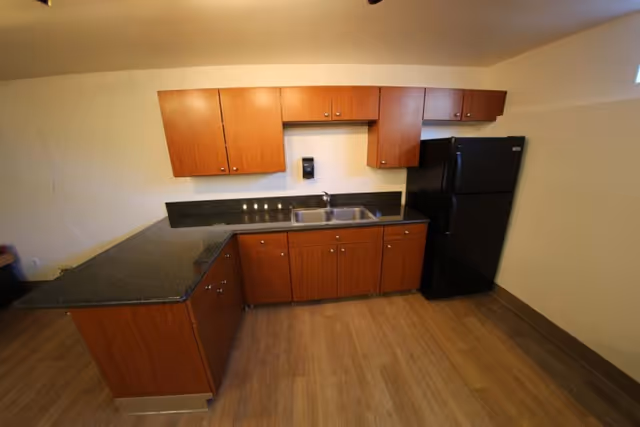 A kitchen area with wooden cabinets, a black countertop, a double stainless steel sink, and a black refrigerator. The floor is wood-patterned, and the walls are plain light-colored.