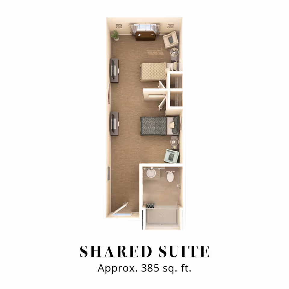 Floor plan of a shared suite approximately 385 square feet, featuring two separate beds with nightstands and chairs, two closets, a shared bathroom with a sink, toilet, and shower, and a window with curtains at one end of the room.