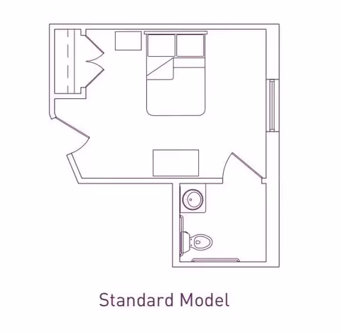 Floor plan of a standard model room at The Heritage at Eldridge Parkway, showing a bedroom with a bed, a closet, a small table, and an attached bathroom with a sink, toilet, and shower.