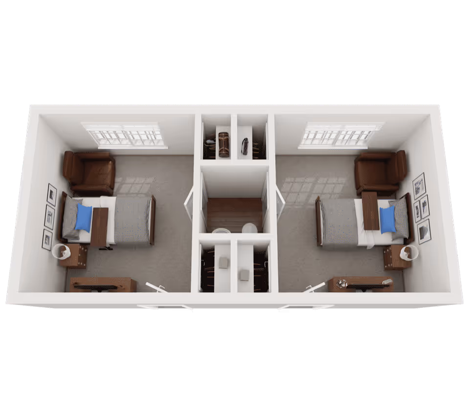3D floor plan rendering of two adjacent furnished bedrooms separated by a central bathroom and closets.