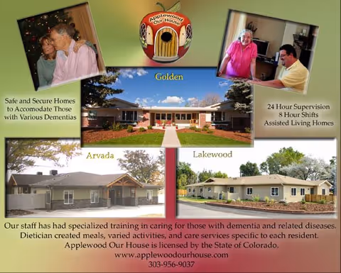 A collage brochure featuring Applewood Our House Assisted Living Memory Care exterior buildings and resident photos.
