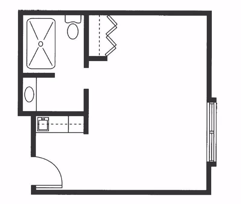 Black and white architectural floor plan of a small living space featuring a bathroom with a bathtub, toilet, and sink, a closet, and an open main room with a window on the right side.