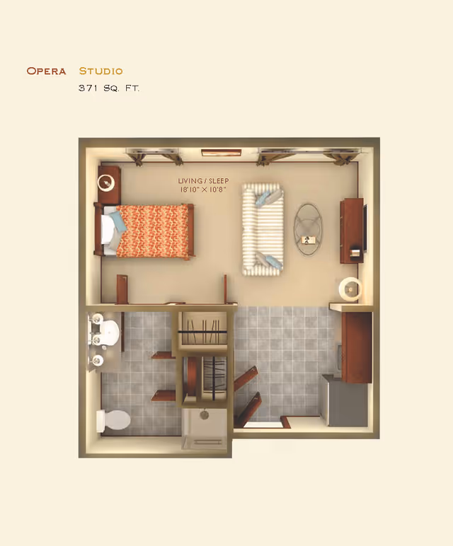 Floor plan of a studio apartment named Opera Studio with 371 square feet. The layout includes a living/sleeping area with a bed, sofa, coffee table, and TV stand. There is a kitchen area with a refrigerator and counter space, and a bathroom with a sink, toilet, and shower.