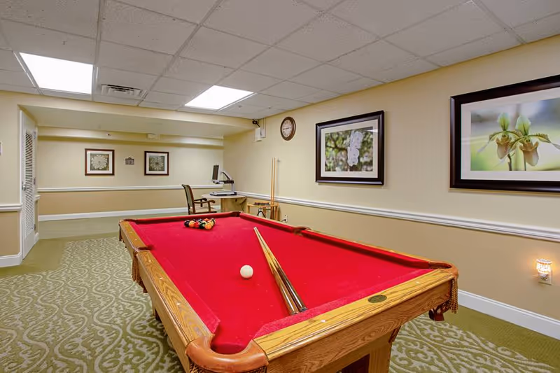 A room with a red felt pool table in the center, two pool cues resting on the table, and a set of billiard balls arranged for a game. The room has beige walls with white trim, patterned green carpet, framed floral artwork on the walls, a clock, and a small desk with a chair and computer in the background.