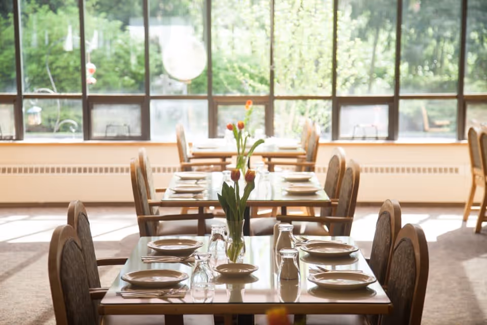 Sunlit dining room with rows of set tables, chairs, and vases of tulips by large windows.