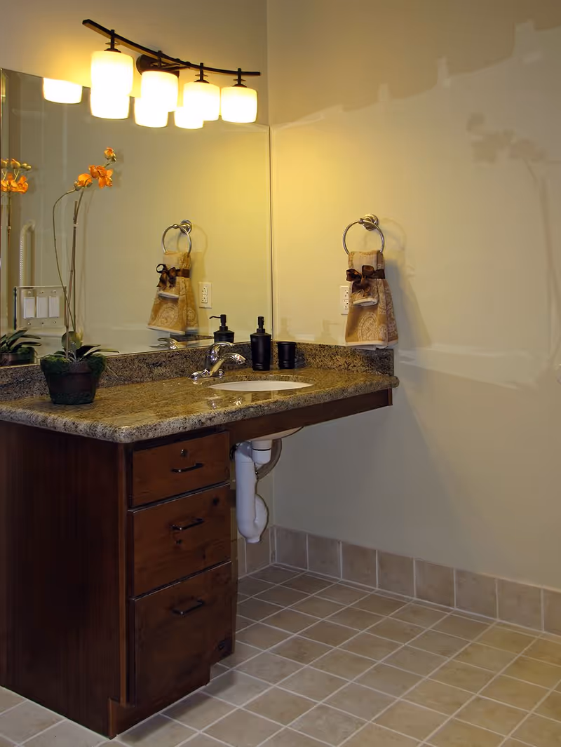 Bathroom vanity with a granite countertop, a sink, and a chrome faucet. Above the sink is a large mirror with a light fixture featuring five illuminated lamps. A potted plant with orange flowers is on the left side of the countertop. A hand towel with a decorative bow hangs on a ring attached to the wall. The floor is tiled with beige square tiles.