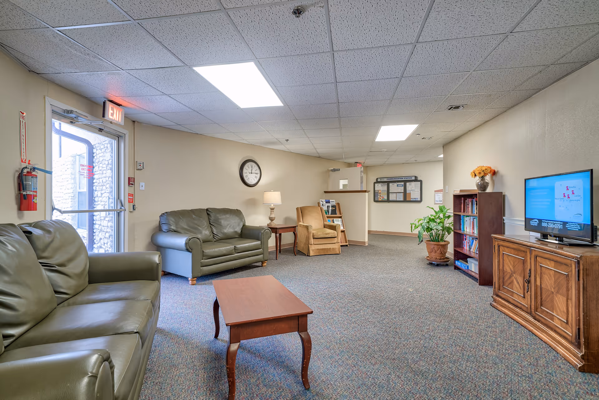 Interior common lounge with sofas, armchairs, a coffee table, TV, bookshelf and plants.