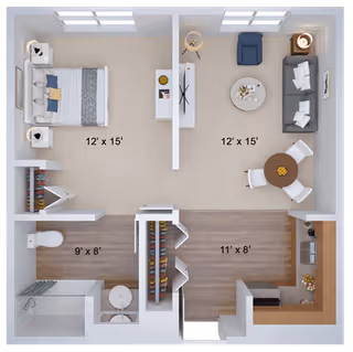 Top-down floor plan of a senior living unit showing a bedroom with a bed and nightstands, a living room with a sofa, armchair, coffee table, and dining table with chairs, a kitchen with appliances and cabinets, a bathroom with a shower, toilet, and sink, and closets in the hallway.