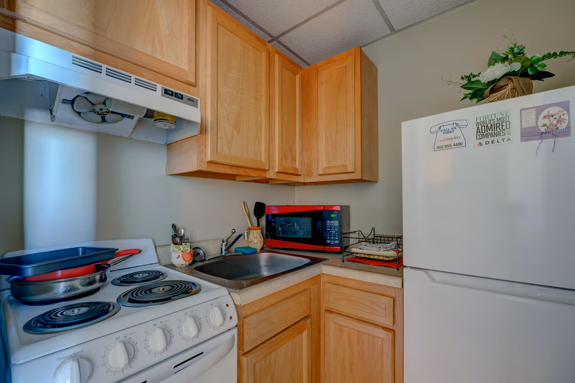 Small kitchen corner with a white electric stove with four coil burners, a stainless steel sink, wooden cabinets above and below the counter, a red microwave on the countertop, and a white refrigerator with magnets and a small plant on top.