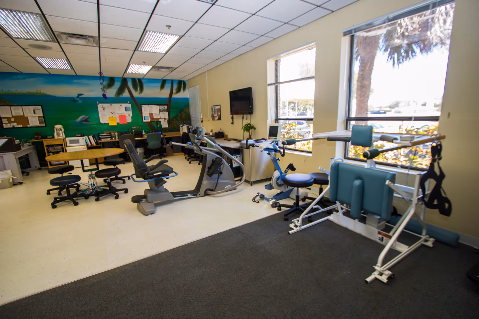 Rehabilitation exercise room with recumbent bike and other therapeutic equipment, workstations, and a tropical wall mural.