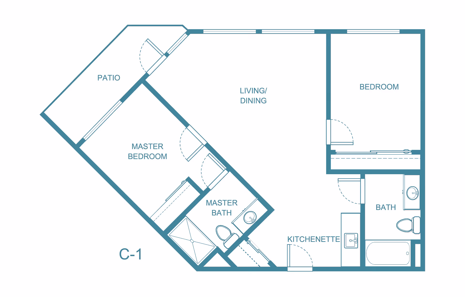 Floor plan layout of a residential unit labeled C-1 at Solista Gresham by Cogir, showing a master bedroom with attached master bath, a second bedroom, a separate bath, a kitchenette, a combined living and dining area, and a patio.