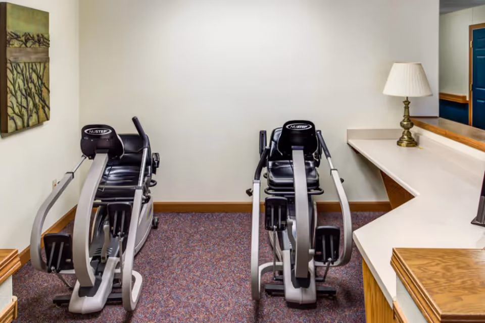 A small exercise room with two NuStep recumbent cross trainers positioned side by side on a carpeted floor. There is a white countertop with a brass lamp on the right side and a decorative painting on the left wall. The walls are light-colored and there is a mirror behind the countertop.
