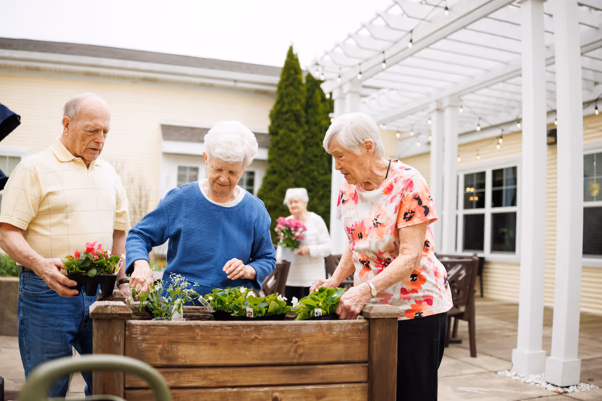 Three elderly individuals planting flowers in a raised wooden garden bed on a patio with a pergola overhead. Another elderly person is seen in the background holding a pot of flowers. The setting appears to be an outdoor area of a senior living facility.