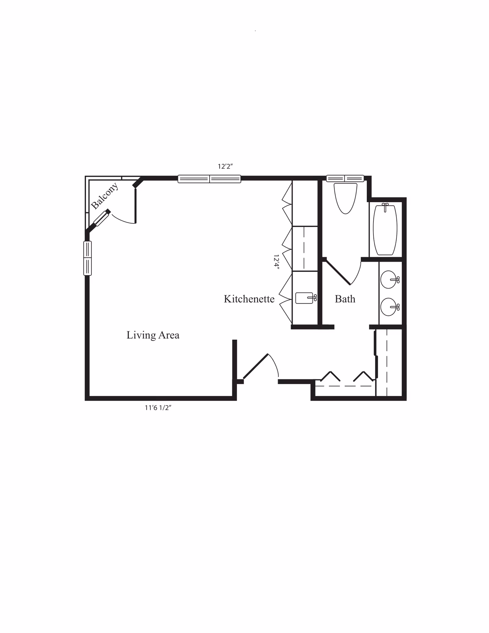 Floor plan of a living area with a kitchenette, a bath with double sinks, a bathtub, and a balcony.