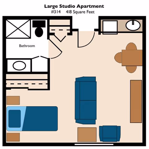 Floor plan of a large studio apartment #314 with 418 square feet, showing a bathroom with shower, toilet, and sink, a sleeping area with a bed and nightstands, and a living area with a sofa, armchair, coffee table, dining table with chairs, and a kitchenette with a sink and stove.