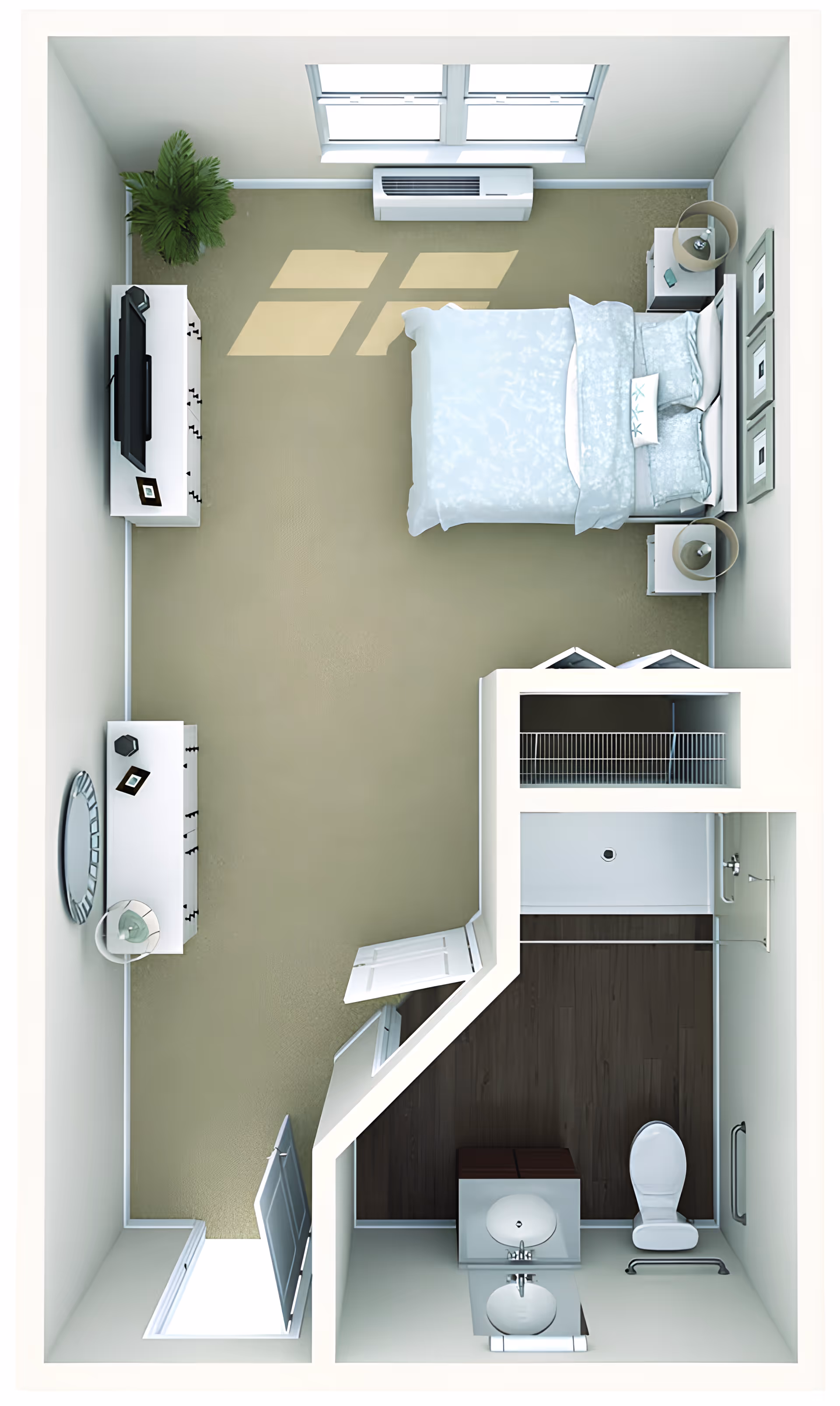 Top-down 3D floor plan of a studio apartment showing a bed, nightstands, dresser with TV, closet and an attached bathroom.
