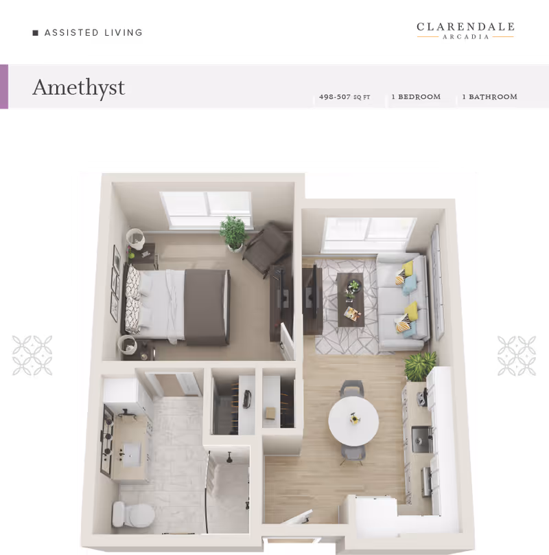3D floor plan of the Amethyst apartment at Clarendale Arcadia showing a one-bedroom, one-bathroom layout with a bedroom containing a bed, nightstands, and a chair; a bathroom with a toilet, sink, and shower; a living room with a sofa, coffee table, TV, and a dining area with a round table and chairs adjacent to a kitchen with appliances and cabinetry.