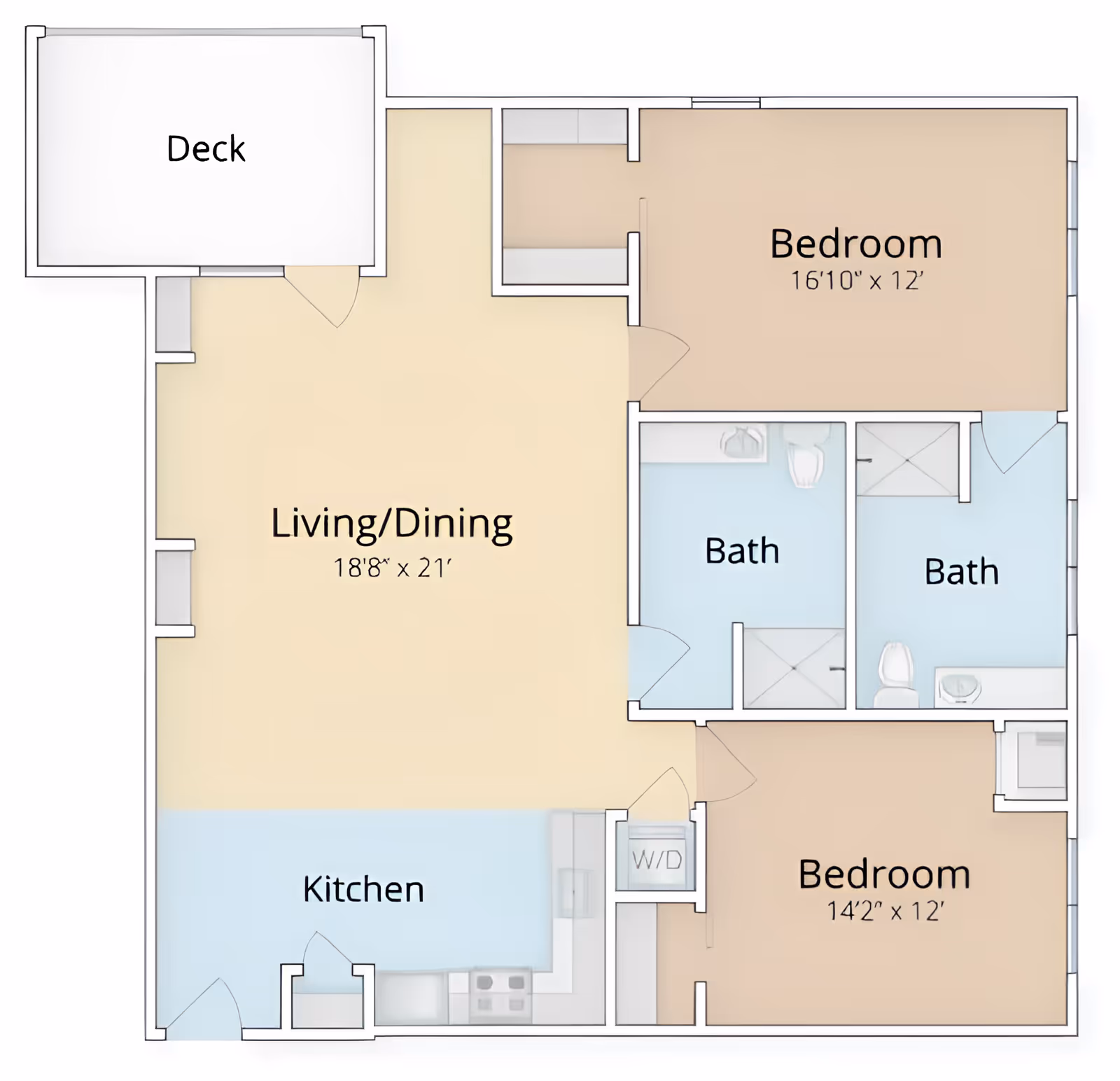 Floor plan of a senior living unit at New Perspective Senior Living | Sun Prairie showing two bedrooms, two bathrooms, a combined living and dining area, a kitchen, a deck, and a washer/dryer area.
