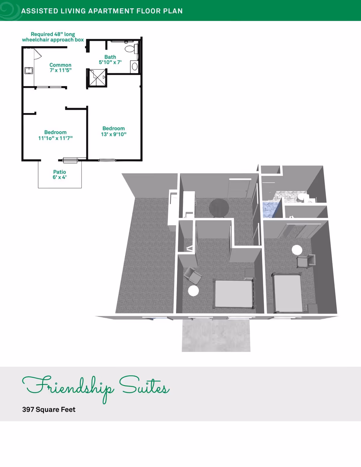 Floor plan and 3D layout of an assisted living apartment named Friendship Suites, showing two bedrooms, a common area, a bathroom, and a patio. The floor plan includes dimensions for each room and highlights a required 48 inch long wheelchair approach box.