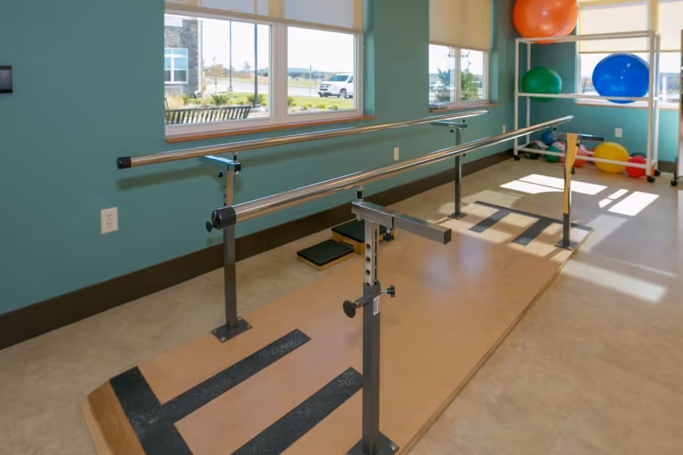 Indoor physical therapy room with adjustable parallel bars on a wooden practice platform and colorful exercise balls by the window.