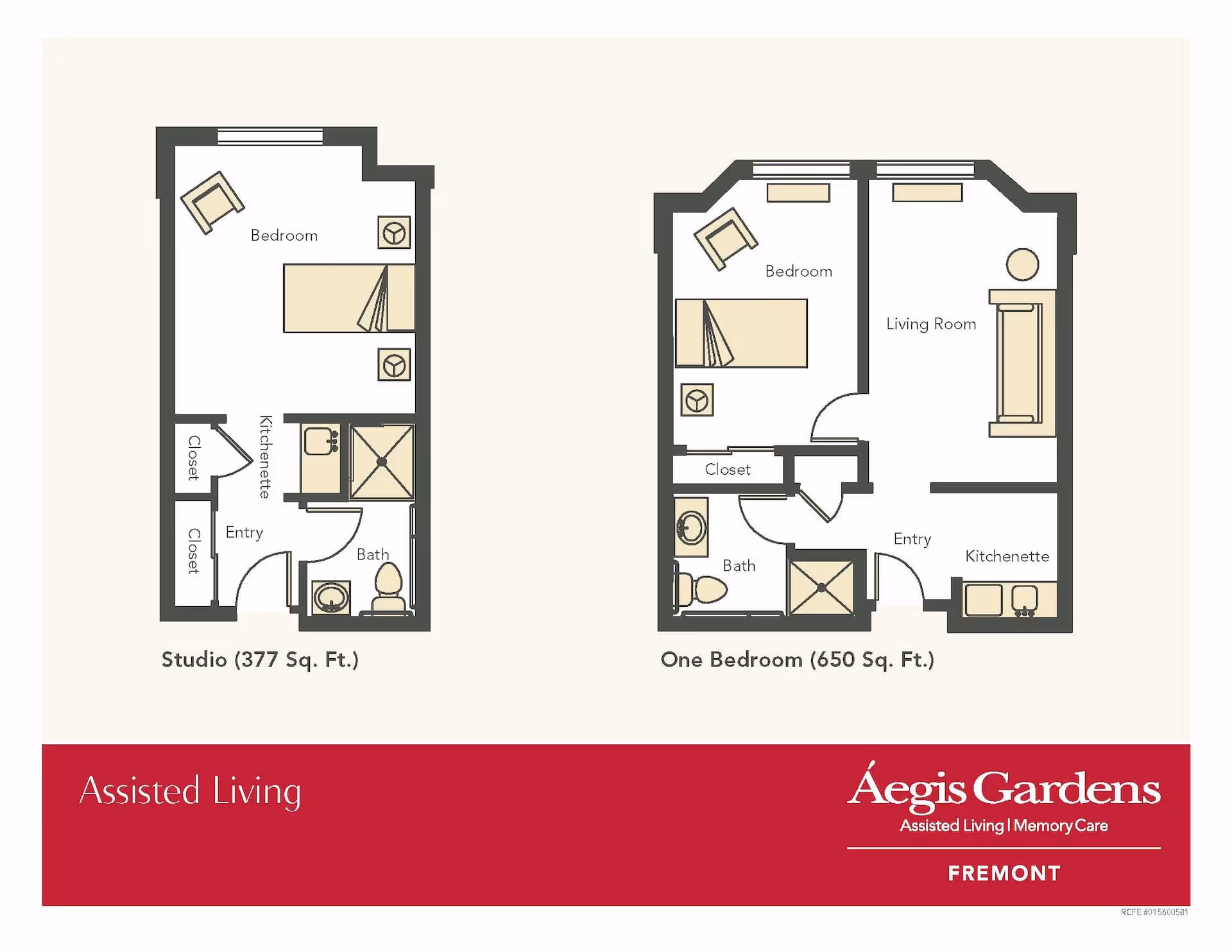 Floor plans for assisted living units at Aegis Gardens Fremont. The left plan shows a studio layout with a bedroom, kitchenette, bath, entry, and two closets, totaling 377 square feet. The right plan shows a one-bedroom layout with a bedroom, living room, kitchenette, bath, closet, and entry, totaling 650 square feet. Both plans include furniture placement illustrations.