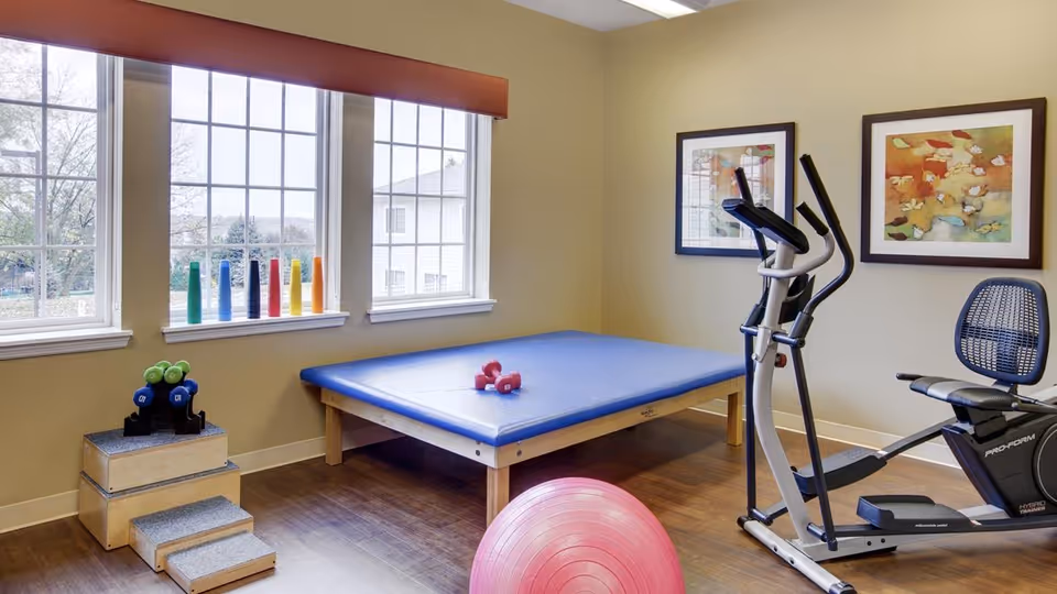 A bright exercise room with large windows showing an outdoor view. The room contains a blue padded exercise table with two small red dumbbells on it, a set of colorful foam rollers on the windowsill, a rack of small dumbbells on a stepped platform, a pink exercise ball on the floor, and a Pro-Form hybrid trainer elliptical machine. Two framed abstract paintings hang on the beige walls.